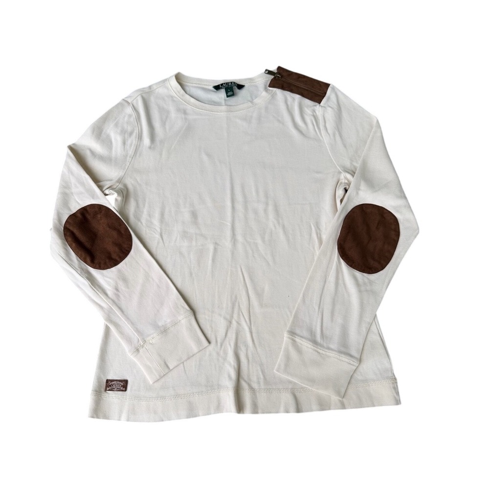 Lauren Ralph Lauren Cream Cotton Elbow Patch Long Sleeve Top Size Large EUC